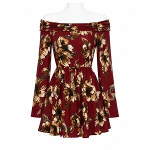 Womens Burgundy Floral Off Shoulder Mini Dress Long Sleeve Boho Small